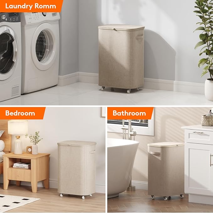 Lifewit 85L Plastic Laundry Basket with Lid, Large Clothes Hamper with Wheels and Removable Bag, Tall Collapsible Rolling Storage Bin for Dorm Bedroom Bathroom, Beige