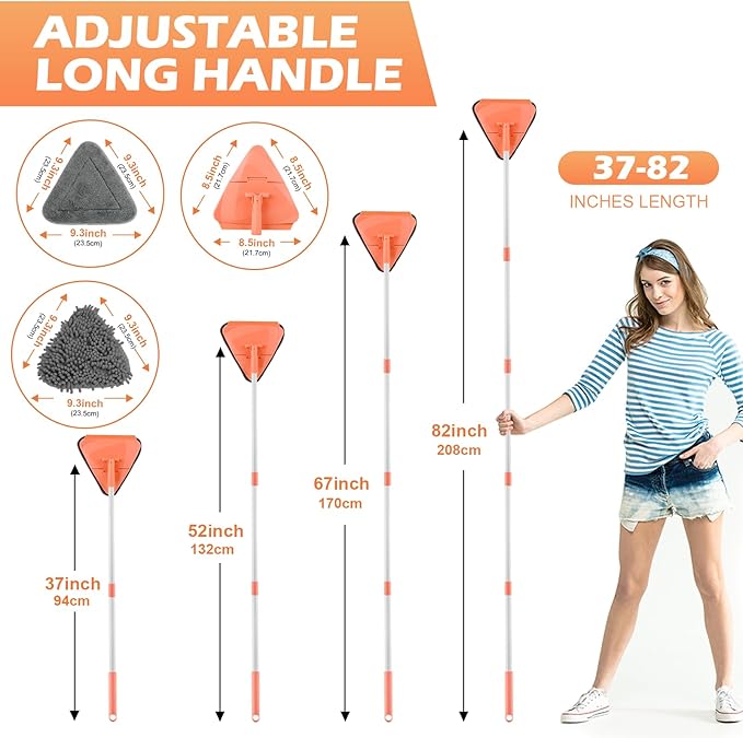 Wall Cleaner Triangle Mop with 82'' Long Handle - Wall Scrubber, Cleaning Washer Tool with 4 Microfiber Chenille Duster Pads for Clean Walls, Ceiling, Windows, Baseboards, Floors (Orange)