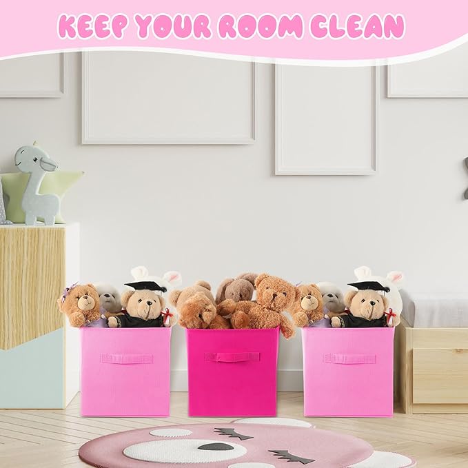 Yinder 12 Pcs Cube Storage Bin Pink 11'' Storage Bins for Playroom Decor Colorful Bins for Kids Foldable Baskets for Nursery Organizer Boxes Fabric Boxes