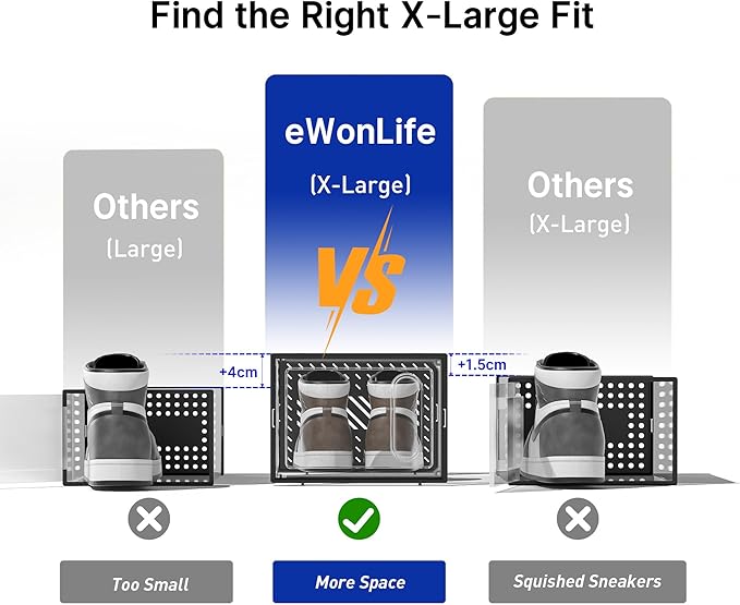 eWonLife Large Shoe Organizer Storage Box with Magnetic Door,12 Pack Clear Plastic Stackable Sneaker Containers for Closet, Connect Left and Right Shoe Box for Entryway, Drop Front, Under Bed (White)