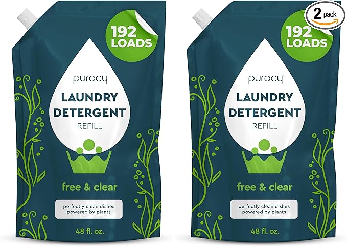 Puracy Laundry Detergent Refill - Enzyme-Powered Liquid Detergent Concentrate, Natural Laundry Detergent Seen on TikTok, Non-Toxic (Free & Clear, 48 fl oz, 192 Loads) (Pack of 2)