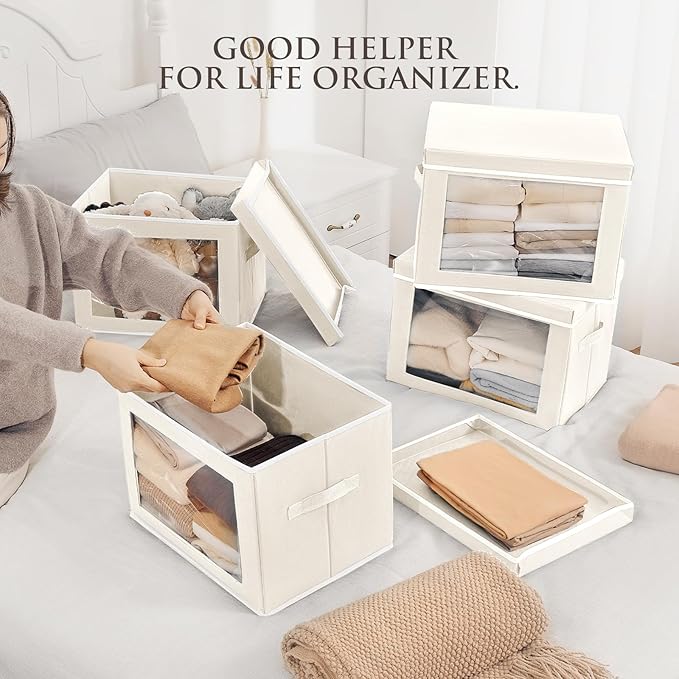 Storage Bins with Lids - Large Decorative Basket with Lids, Fabric Foldable Closet Organizer Bins, Stackable Shelf Organizer for Living Room, Dorm, 5 Pack, Beige