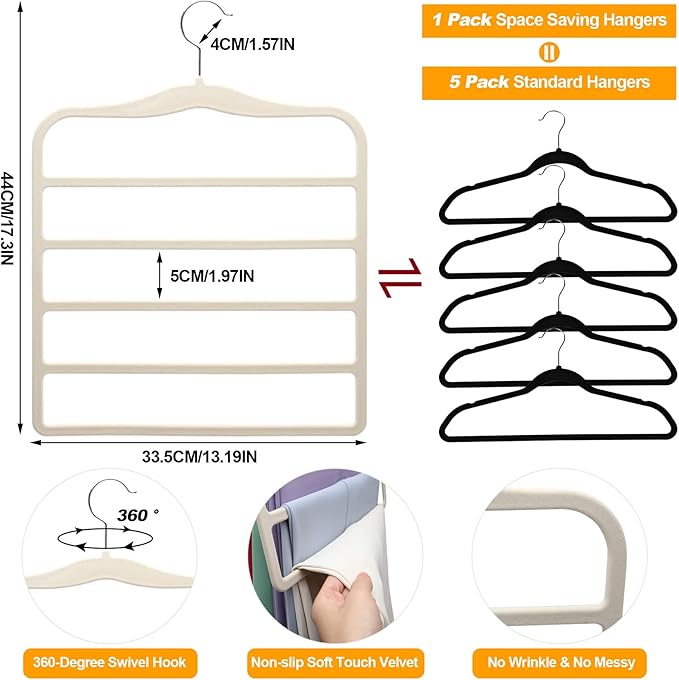 Closet Organizers and Storage,5 Pack Velvet Pants-Hangers-Space-Saving,Non Silp 5 Tier Organization-and-Storage Clothes-Hanger for College-Dorm-Room-Essentials,Closet-Organizer for Jeans Scarf Hanger