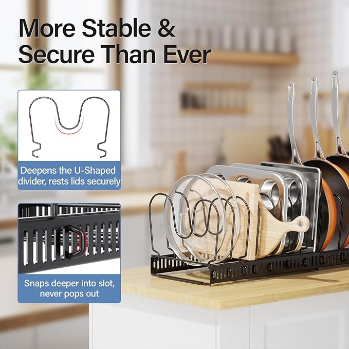 ORDORA Pots and Pans Organizer under Cabinet with Pot Lid Organizer, Expandable Rack for Pan and Pot Organizers Inside Cabinet, 11.8"-22.8" Adjustable with 12 Dividers for Kitchen Organization, Black