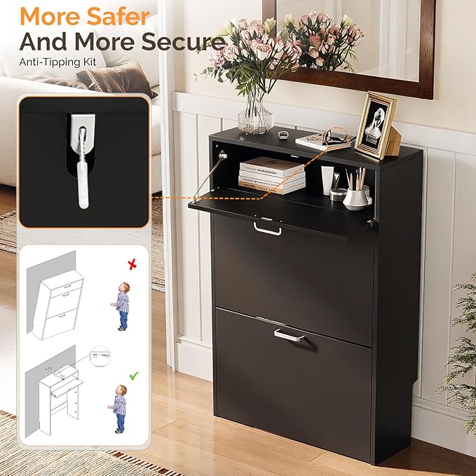 VINGLI Shoe Cabinet Storage for Entryway Ultra Slim with 2 Flip &1Drop-Down Drawers, 24.8" W Narrow Shoe Cabinet for Front Door Entrance,Freestanding Black Wood Shoes Organizer for Hallway
