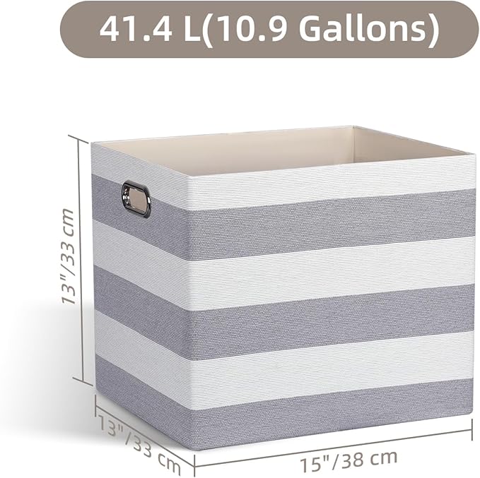 13x15x13 Storage Cube Bins, Foldable Storage Cubes, Fabric Organizer Basket Bin, Striped Containers Decorative Storage Boxes for Shelves Wardrobe Closet Home Office, 4 Pack, Gray/White
