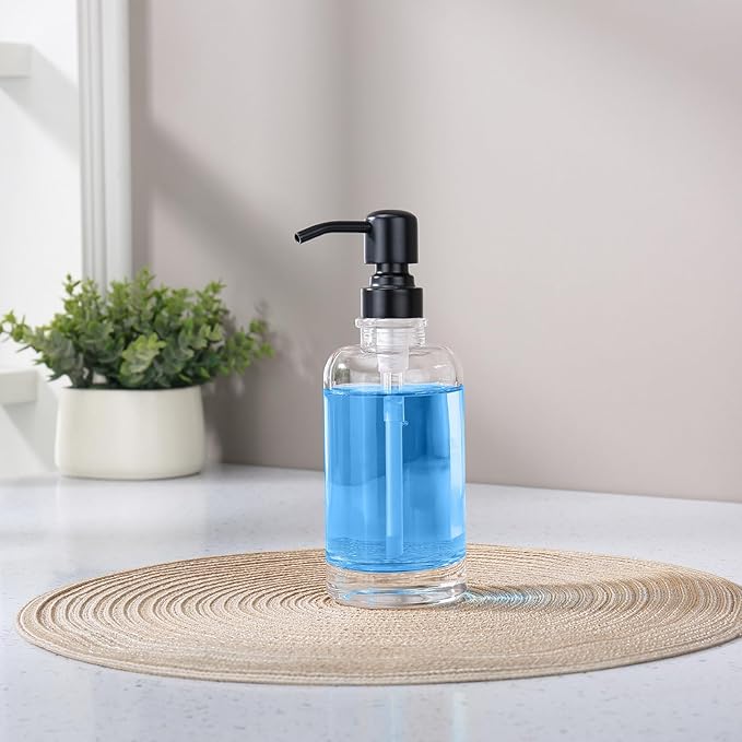 Bathroom Soap Dispenser Black, 11 oz Glass Cylindrical Bottles with Stainless Steel Pump Liquid Hand Soap Dispenser Kitchen