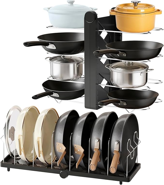 CEHNCEH Pots and Pans Organizer under Cabinet for Cabinet and Countertop Longest 28.5 in Foldable Adjustable 8-Tier Pan Organizer Rack Perfect to Store Pots, Kitchen Cabinet Organizer (Black)