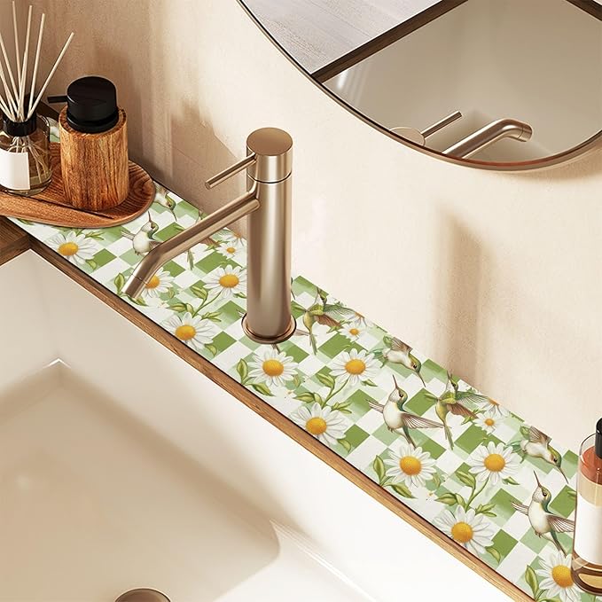 Checkered Green and White Hummingbirds Daisy Kitchen Sink Splash Guard Sink Faucet Mat Faucet Handle Drip Catcher Drain Mats for Kitchen Bathroom