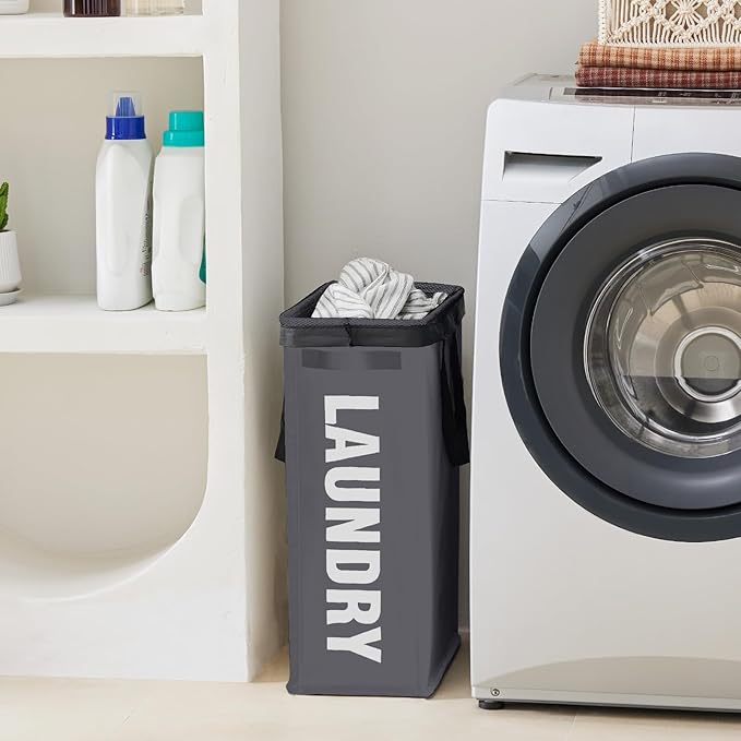 Slim Laundry Hamper with Removable Inner Bag and Side Handles, 45L Small Laundry Baskets to Store Clothes, Narrow Dirty Clothes Hamper for Laundry Room, Bathroom, Bedroom, and Living Room - Grey