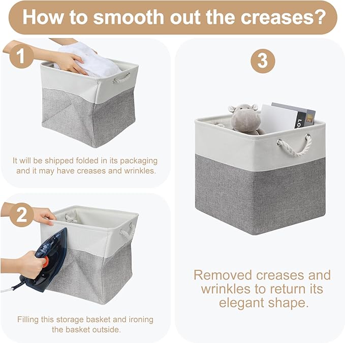 13x13 Storage Cube Bins 4Pack,Collapsible Cube Storage Organizer for Closet, Fabric Storage Box w/ Rope Handles, Foldable Storage Baskets for Shelves, Clothes,Closet Organization - White/Gray