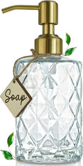JASAI Diamond Design Glass Soap Dispenser with Golden Pump, Refillable Hand soap Dispenser for Kitchen, Soap Dispenser Bathroom for Soap, Hand soap, Dish Soap, Lotion.