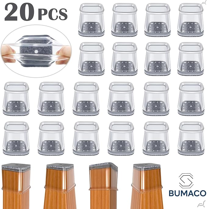 BUMACO Chair Leg Floor Protectors Square Chair Leg Protectors for Hardwood Floors Silicone Pads Covers to Protect Floors Clear-20 Pcs Square L (1-1/16" to 1-5/8")