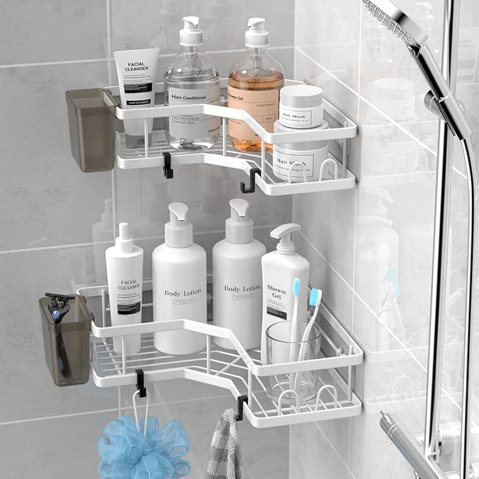 Shower Caddy Corner Organizer Shelf: 2Pack Adhesive Shower Essentials Accessories - No-Drilling Stainless Steel Bathroom Storage Rack with Hooks and Toothpaste Holder