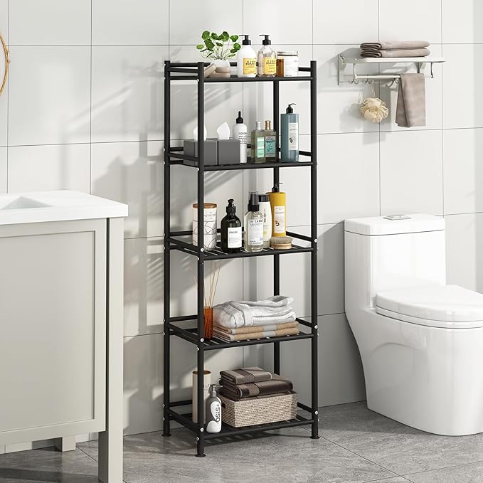 5 Tier Bathroom Storage Open Shelf Unit, Free-Standing Metal Corner Rack Shelving for Kitchen, Living Room, Hallway (Black, Wider 5 Tier)
