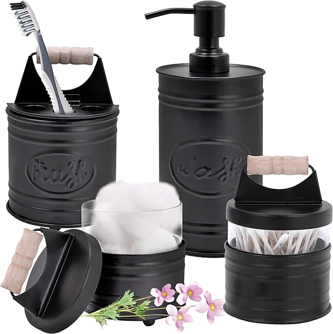 Autumn Alley Rustic Bathroom Accessories Set Black Farmhouse Soap Dispenser, Matte Black Toothbrush Holder, 2 Apothecary Jars Qtip Holder Glass - Rustic Bathroom Decor, Farmhouse Bathroom Accessories