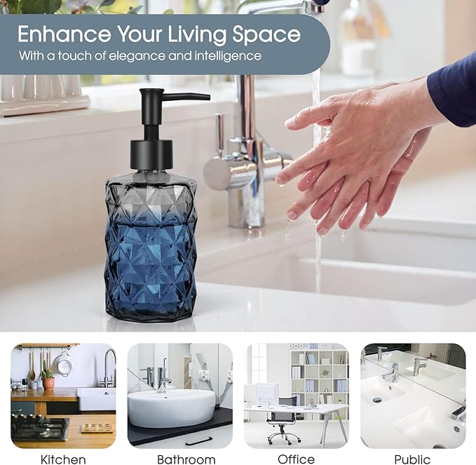 Topsky 2 Pack Glass Soap Dispenser with Black Plastic Pump, 330ml Liquid Hand Soap Dispenser, Rustproof Pump for Kitchen & Bathroom, Great for Lotions, Essential Oil, Liquid Soaps-Gray