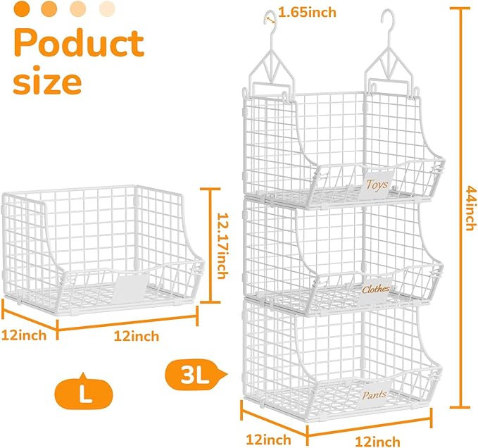 Hanging Closet Organizers and Storage, 3 Tier Closet Shelf Clothes Organizer with 2 S-Hooks, Multi-Functional Iron Wire Baskets, for Clothing, Sweaters, Handbags, Hat, Canned