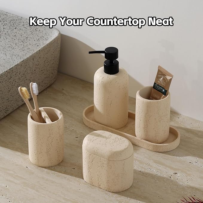 Bathroom Accessories Set, Travertine Stone-Look, 5 PCS Bathroom Accessory Set with 13.53 OZ Soap Dispenser, Toothbrush Holder, Tumbler, Vanity Tray, Cotton Swab Jars for Countertop (Yellow)