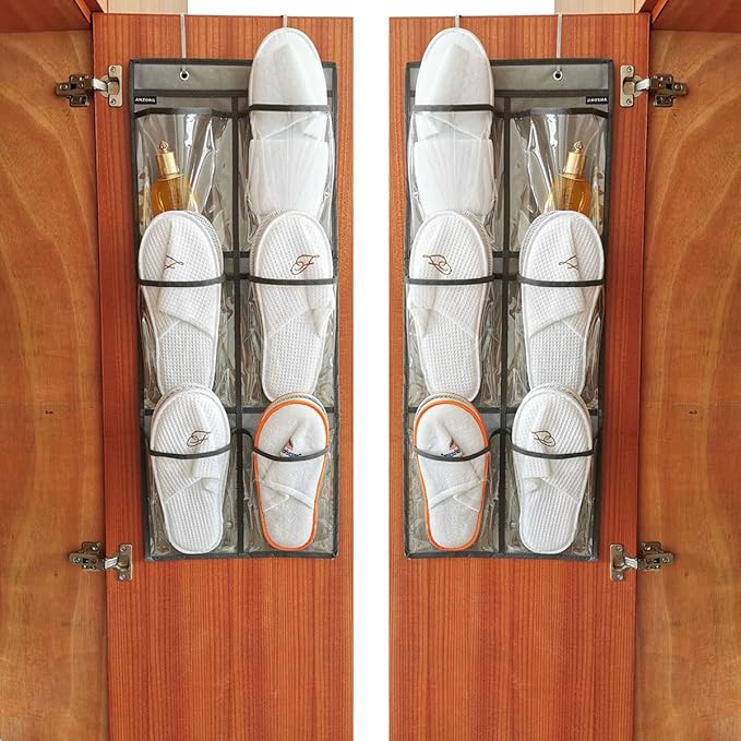 ANZORG 2 Packs Over The Door Hanging Closet Shoes Holder Organizer Shoe Storage Shoe Rack with 6 Pockets (Clear PVC Pockets)