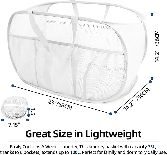 2 Pack Collapsible Laundry Baskets, Upgrade Pop Up Laundry Hamper with Convenient Bags, Foldable Laundry Basket Mesh Light Weight, Easy to Carry Clothes Hampers for Laundry, Dorm, Toys, Travel White