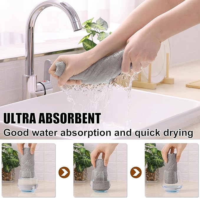 Homaxy 24 Pack Kitchen Dish Cloths (10 x 10 Inches, Grey), Super Soft and Absorbent Coral Velvet Dish Towels, Nonstick Oil Fast Drying Microfiber Cleaning Cloth, No Lint Household Dishcloths