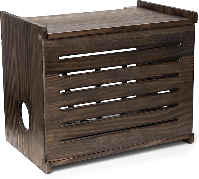 Wooden WiFi Router Storage Box - Deluxe Wall Mountable Decorative Modem Shelf Hider Cover with Cable Management System Home Organization Solution for Routers Up to 11" Tall - Espresso Brown