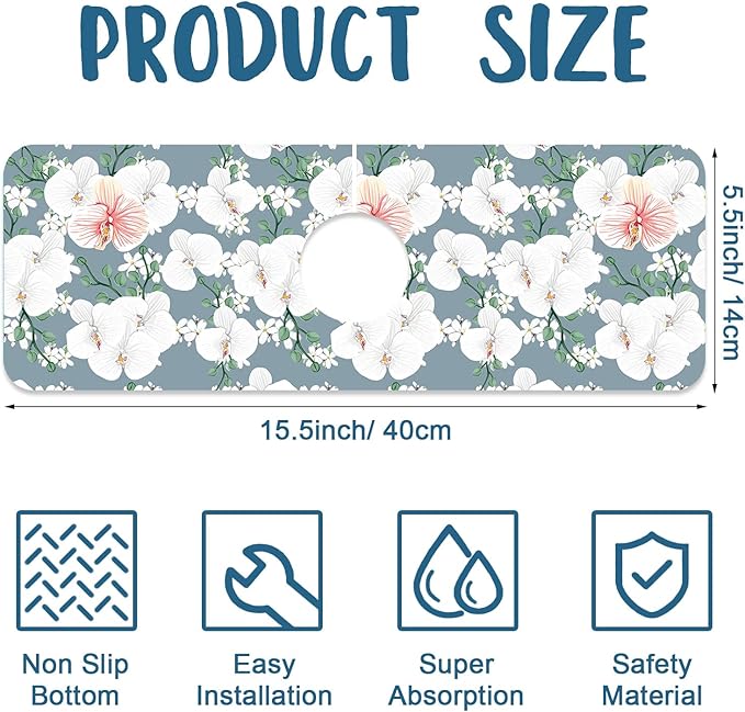 Colorful Wildflowers Kitchen Sink Splash Guard Faucet Mat White Orchid Super Absorbent Fast Drying Mat Sink Splash Guard Behind Faucet for Kitchen Bathroom, 15.5"x5.5"