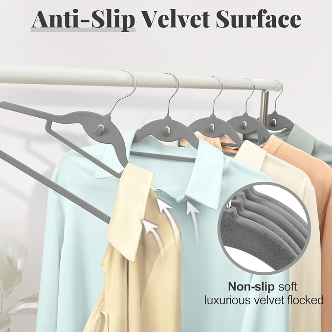 Velvet Hangers 50 Pack, S-Shaped and Stackable Non Slip with 360°Swivel Hook, Ultra Thin and Space Saving Flocked, for Suits, Shirts, Coats, 15Lbs Capacity Heavy Duty, Grey