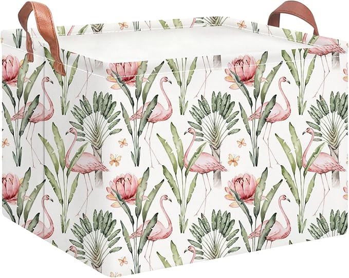 Rectangular Storage Basket Empty,Storage Bin with Handles,Room Decor,Gift Basket,Book Box(Watercolor Flamingo)