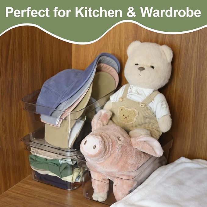 MOONEDGE Clear Plastic Storage Bins with Lids and Handles – Stackable Organizer Containers for refrigerator, Kitchen, Pantry, Bathroom, Closet, Laundry Room, Office – 4 Pack (10×6×5 in)