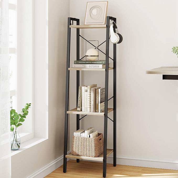 Ladder Shelf, Bookshelf Bookcase, Freestanding Corner Storage Shelve with 2 Hooks for Home Office, Living Room, Kitchen, Bedroom, Industrial, 11.8" D x 13.4" W x 47.2" H, Greige BC13205B