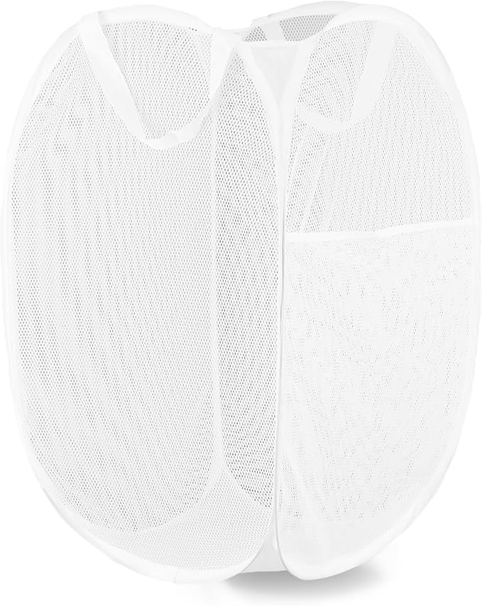 LXLOVESM Pop Up Laundry Hamper, Mesh Laundry Basket Collapsible, Foldable Hamper for Travel and Storage (White)