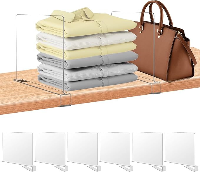 xydstay 6 Pack Clear Acrylic Shelf Dividers for Closet Organization, Purse Organizers for Closet, Clothing Dividers, Handbag Organizers for Shelves in Bedroom and Office