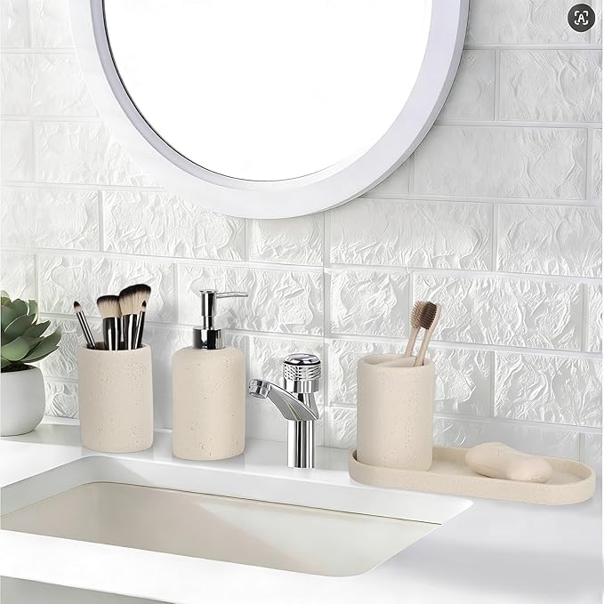 Bathroom Accessories Set,4 Piece Travertine Stone Look Bathroom Accessory Set with Soap Dispenser,Toothbrush Holder,Vanity Tray,Tumbler,Bathroom Organizer for Modern Bathrooms - Beige