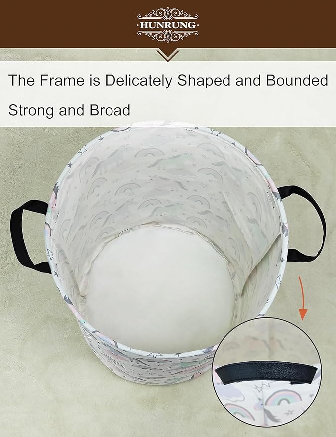HUNRUNG Laundry Hamper,Large Canvas Fabric Lightweight Storage Basket Toy Organizer Dirty Clothes Collapsible Waterproof for College Dorms（Round-Star Unicorn）