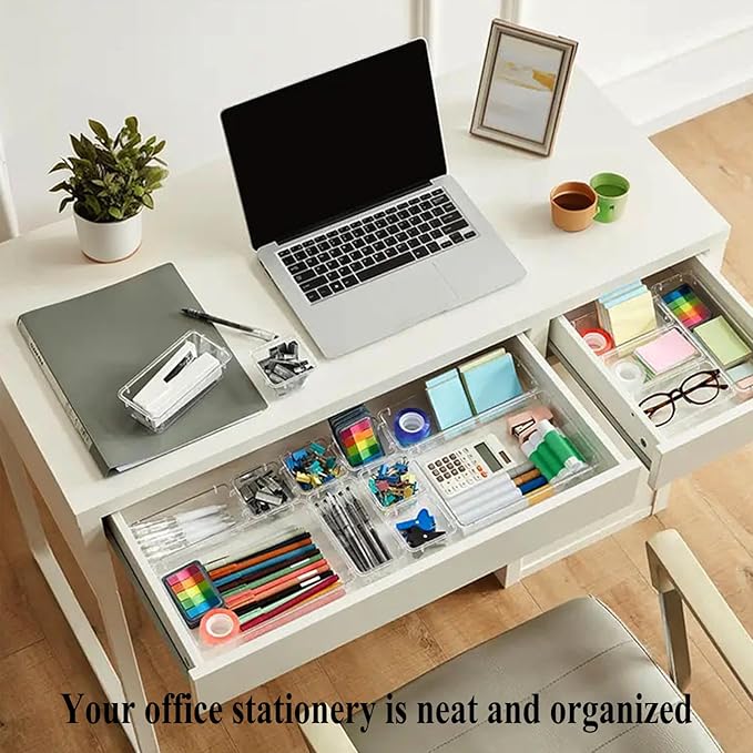 10 Pcs Extendable Clear Drawer Organizer, All Adjustable Vanity Storage Box, 2-Size Desk Drawer Organizer, Durable Storage Bins for Makeup, Cosmetic, Bedroom Dressers Tool Organizer for Gadgets