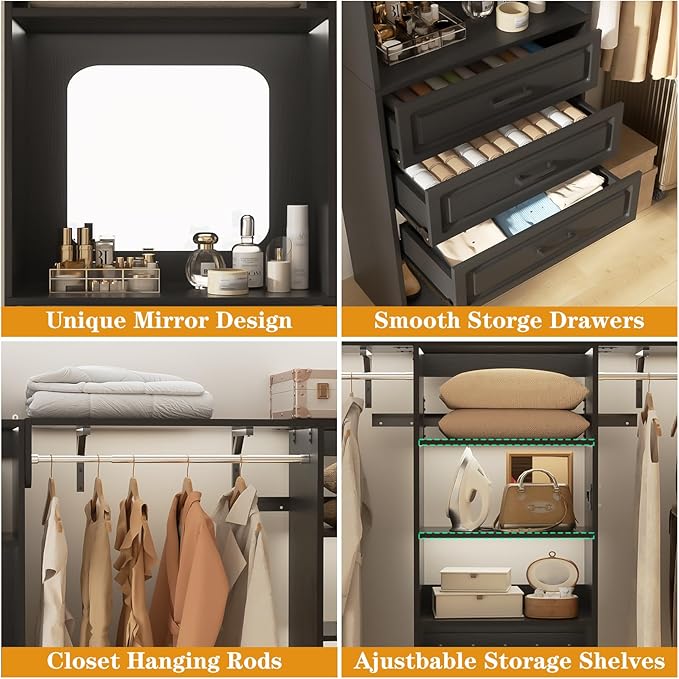 Unikito Modular Closet System with 3 Sets, 131”Corner Closet Organizer System With Mirror, Drawers, Hanging Rods & Adjustable Shelves, Freestanding Wood Wardrobe Organizer, Walk in Closet Tower, Black