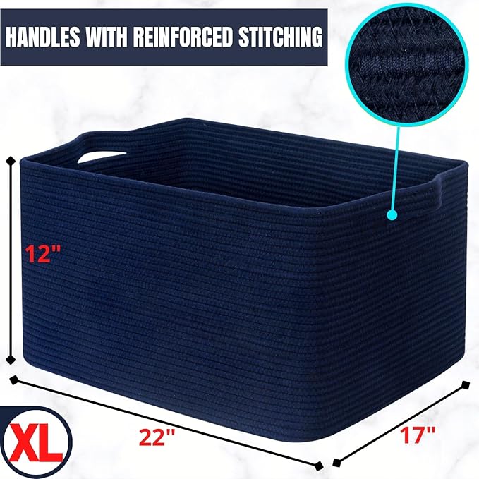 MINTWOOD Design 22in Extra Large Blanket Basket Holder Living Room, Rectangle Rope Woven Storage Basket with Handles for Laundry, Pool Towels, and Shoes, Dog Toy Organizer Bin Box, Full Navy