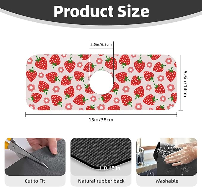 Faucet Draining Mat For Kitchen Sink, Pink Strawberry Diatom Mud Absorbent Drain Pad For Bathroom Kitchen Sink Splash Guard Drying Mat
