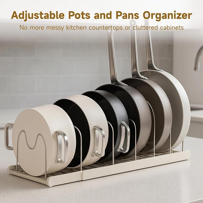 OMISTAR Expandable Pots Pans Organizer Rack, Adjustable Pot Lid Holder with 7 Adjustable Steel Dividers, Cookware Storage Drying Rack for Kitchen Cabinet, Countertop, Baking Pans and Trays