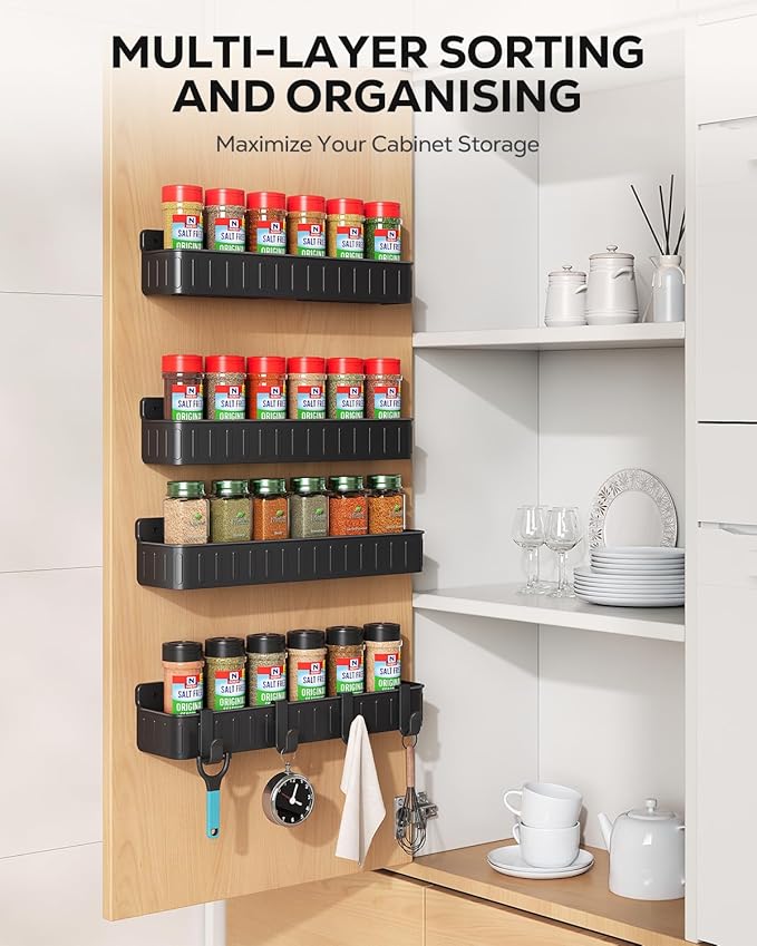 Nieifi Spice Rack Wall Mount, 4 Pack, Black, Screw or Adhesive Installation, Spice Rack Organizer for Your Kitchen Cabinet or Pantry Door