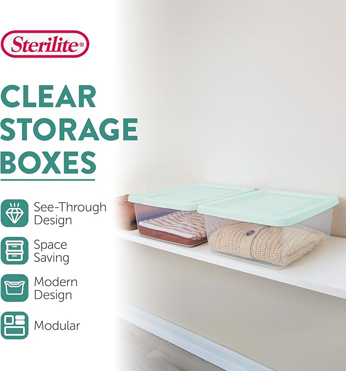 Sterilite 12 Pack Storage Boxes, Clear Plastic Stackable Containers, Lightweight Home Organizers with Snap Lids, 12 Quart, Mindful Mint