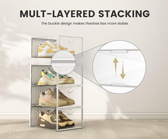 Pinkpum XXL Larger Shoe Storage Boxes Fit Size 14, Clear Plastic Stackable Shoe Organizer 12 Pack Sneaker Storage for Sneakerheads Shoe Containers