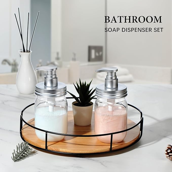 Amolliar Plastic Mason Jar Soap Dispenser with Pump Lid,16OZ Refillable BPA-Free Hand Soap Dispenser Set with Cute Lables, Farmhouse Decor for Kitchen Bathroom, Liquid Soap, Dish Soap (2 Pack, Silver)