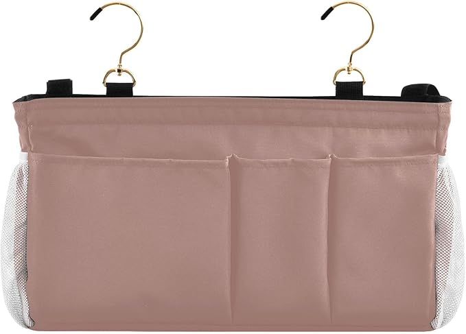 KOPIRIT Light Brown Bedside Caddy Storage Bag Bedside Organizer for Dorm Room Top Bunk Bed Hanging Storage Organizer 6 Pockets with Hooks for Magazine Water Bottle Holder
