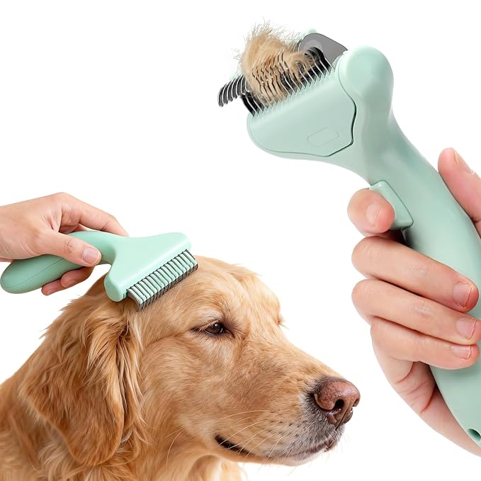 Pet Grooming Combo Tool for Cats and Dogs, Deshedding and Dematting Rake with Metal Comb forDetangling Long, Matted Fur (Green)