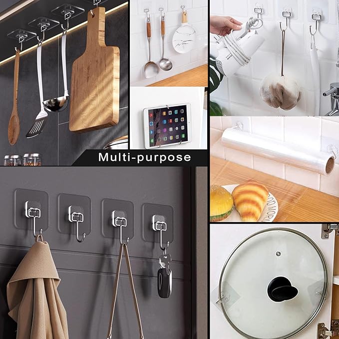 ZESLMG Large Adhesive Hooks for Hanging, 22 Pack Self Sticky Wall Hooks Heavy Duty 15lb Clear, Removable Shower Hook No Damage for Towel Key Coat Wreath Picture Outdoor Bathroom Kitchen, Waterproof