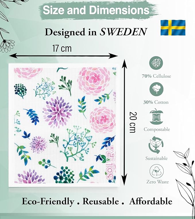 10 PCS Flower Print Swedish Dishcloths for Kitchen,100% Biodegradable, Reusable Cellulose Sponge Cloths, Ultra Absorbent, Eco Friendly Cleaning Towels Dishcloths for Washing Dishes & General Cleaning