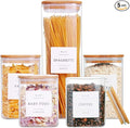 5 Pack Square Glass Pantry Storage Containers with 132 Kitchen Food Pantry Labels - Clear Glass Jars with Airtight Wood Bamboo Lids - Glass Canisters for Cookies, Nuts, Cereal